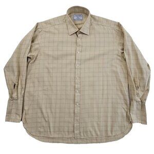 Charles Tyrwhitt French Cuff Shirt Men's 18/37 Tan Windowpane Classic Fit EUC